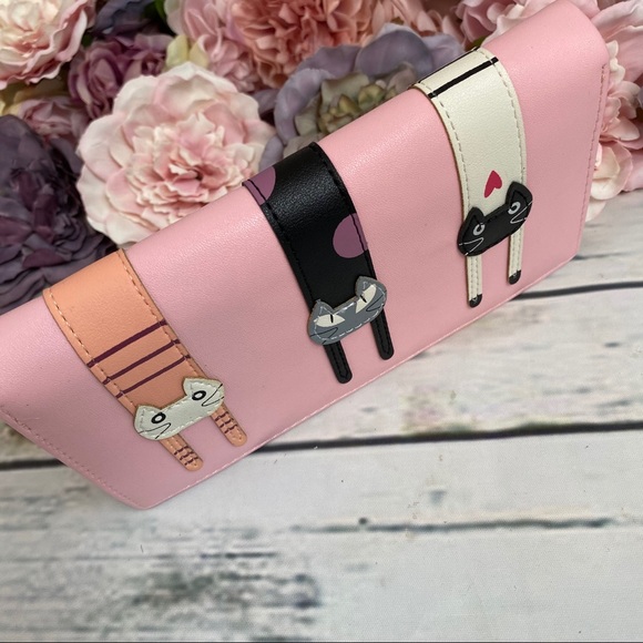 Pink Vegan Leather Cat Clutch Wallet Checkbook - Picture 4 of 15
